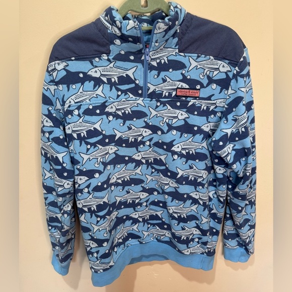 Vineyard Vines Men's Small Fish Printed Shep 1/4 Zip Pullover Blue Geometric - Picture 1 of 4